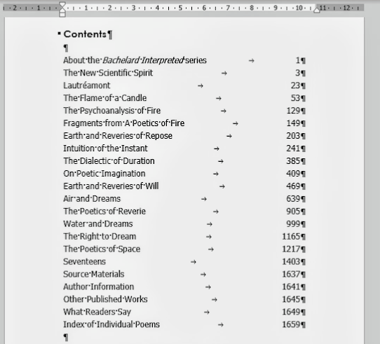 Table of Contents for Frank Prem's Bachelard Interpreted poetry collection